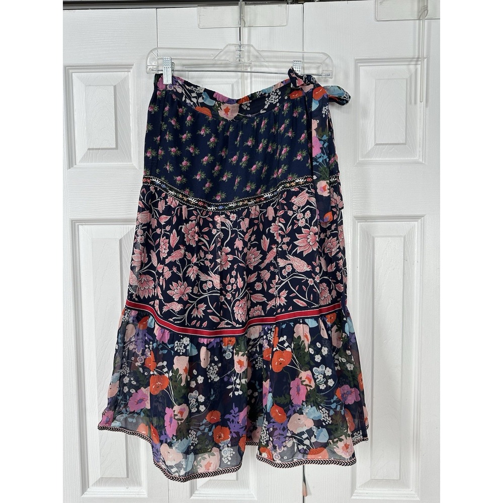 Anthropologie One September Floral Melody Skirt Size S Navy Blue Pink Tiered